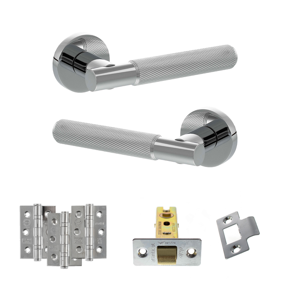 Senza Pari Rosarno Door Handle Pack (Latch Set - 2.5" CE Latch, 3" Fire Rated Hinges x3) - Polished Chrome
