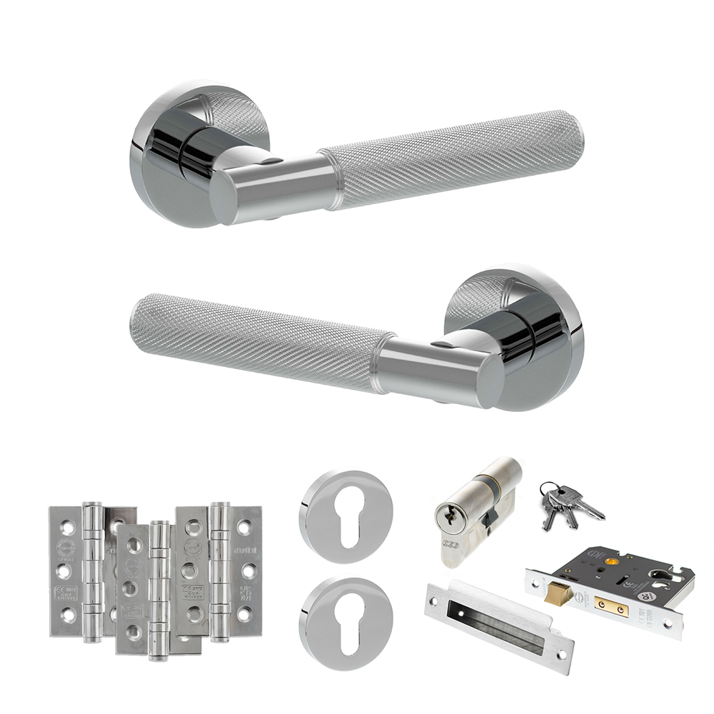 Senza Pari Rosarno Door Handle Pack (Euro Lock Set - 3" CE Sashlock, 3" Fire Rated Hinges x3) - Polished Chrome