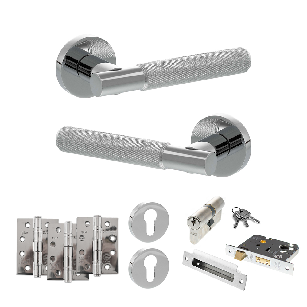 Senza Pari Rosarno Door Handle Pack (Euro Lock Set - 2.5" CE Sashlock, 4" Fire Rated Hinges x3) - Polished Chrome
