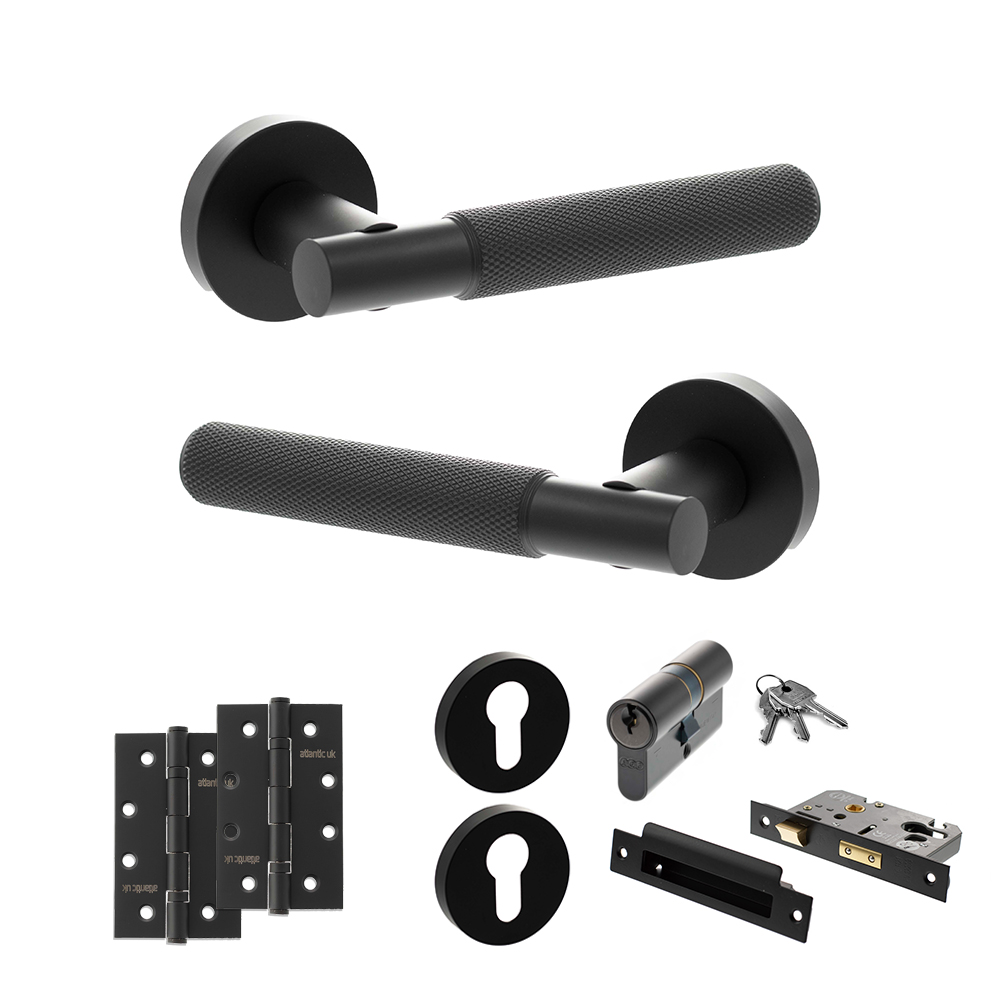 Senza Pari Rosarno Door Handle Pack (Euro Lock Set - 2.5" CE Sashlock, 4" Slim Knuckle Hinges x2) - Matt Black