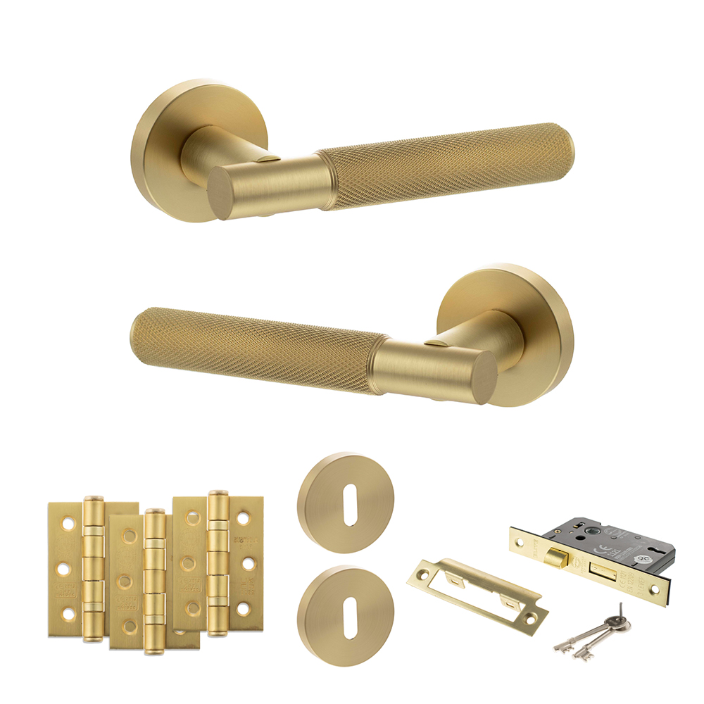 Senza Pari Rosarno Door Handle Pack (3 Lever Lock Set - 3" CE Sashlock, 3" Fire Rated Hinges x3) - Satin Brass