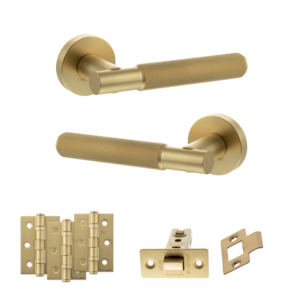 Senza Pari Rosarno Door Handle Pack (Latch Set - 3" CE Latch, 3" Fire Rated Hinges x3) - Satin Brass
