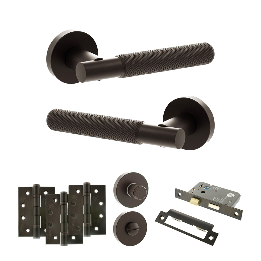 Senza Pari Rosarno Door Handle Pack (Bathroom Set - 3" CE Bathroom Lock, 4" Fire Rated Hinges x3) - Urban Dark Bronze