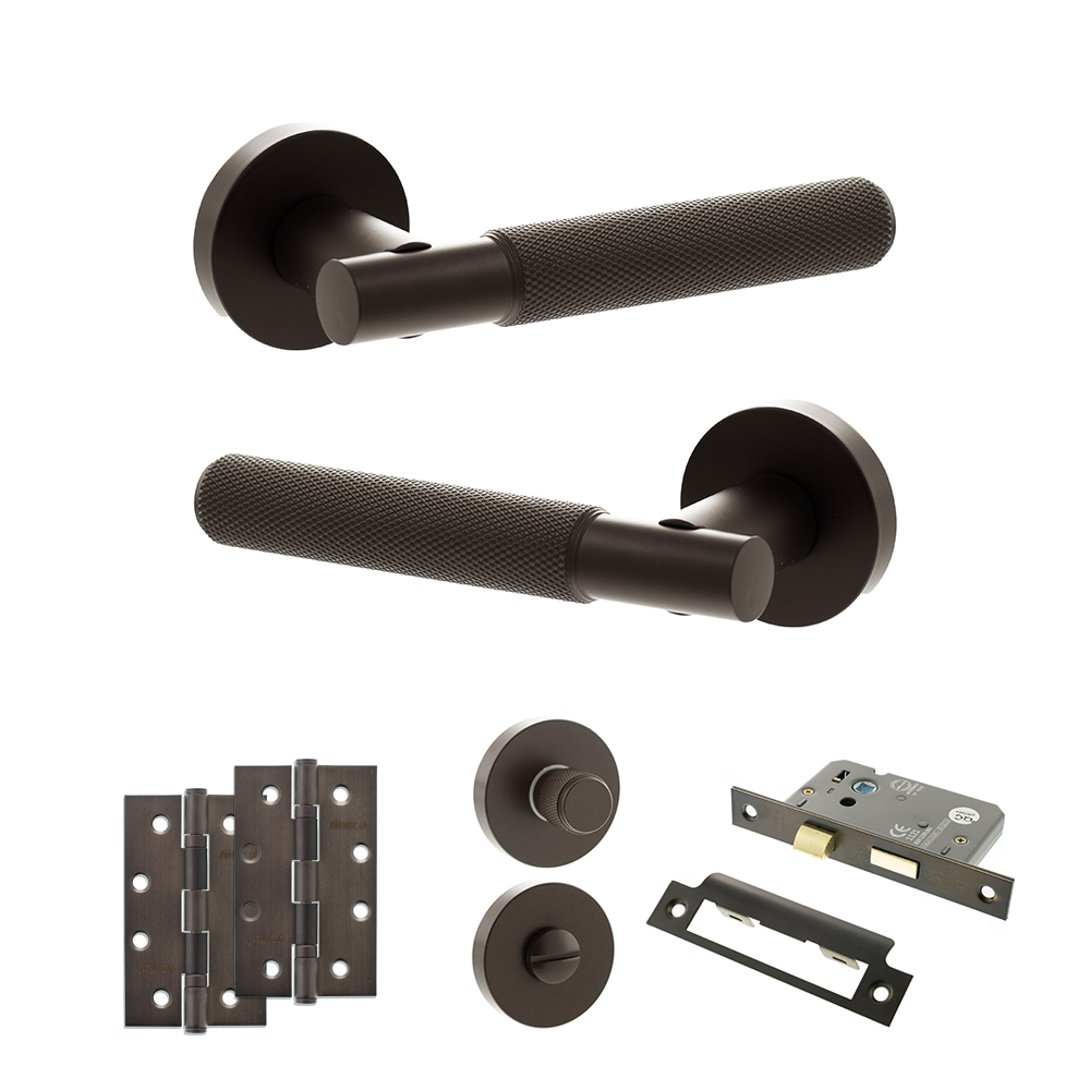 Senza Pari Rosarno Door Handle Pack (Bathroom Set - 2.5" CE Bathroom Lock, 4" Slim Knuckle Hinges x2) - Urban Dark Bronze