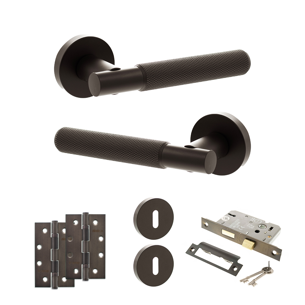 Senza Pari Rosarno Door Handle Pack (3 Lever Lock Set - 3" CE Sashlock, 4" Slim Knuckle Hinges x2) - Urban Dark Bronze