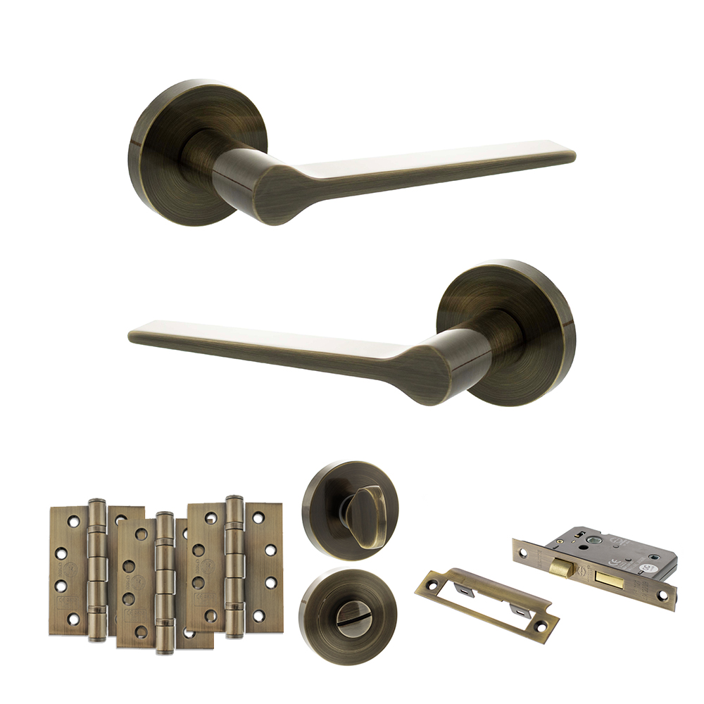 Senza Pari Laviano Door Handle Pack (Bathroom Set - 3" CE Bathroom Lock, 4" Fire Rated Hinges x3) - Antique Brass