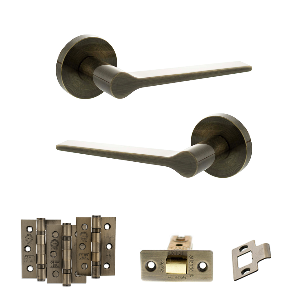Senza Pari Laviano Door Handle Pack (Latch Set - 2.5" CE Latch, 3" Fire Rated Hinges x3) - Antique Brass
