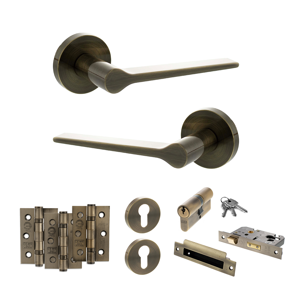 Senza Pari Laviano Door Handle Pack (Euro Lock Set - 3" CE Sashlock, 3" Fire Rated Hinges x3) - Antique Brass