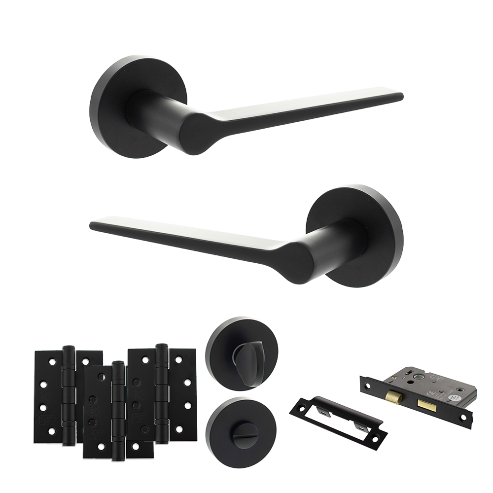 Senza Pari Laviano Door Handle Pack (Bathroom Set - 3" CE Bathroom Lock, 4" Fire Rated Hinges x3) - Matt Black