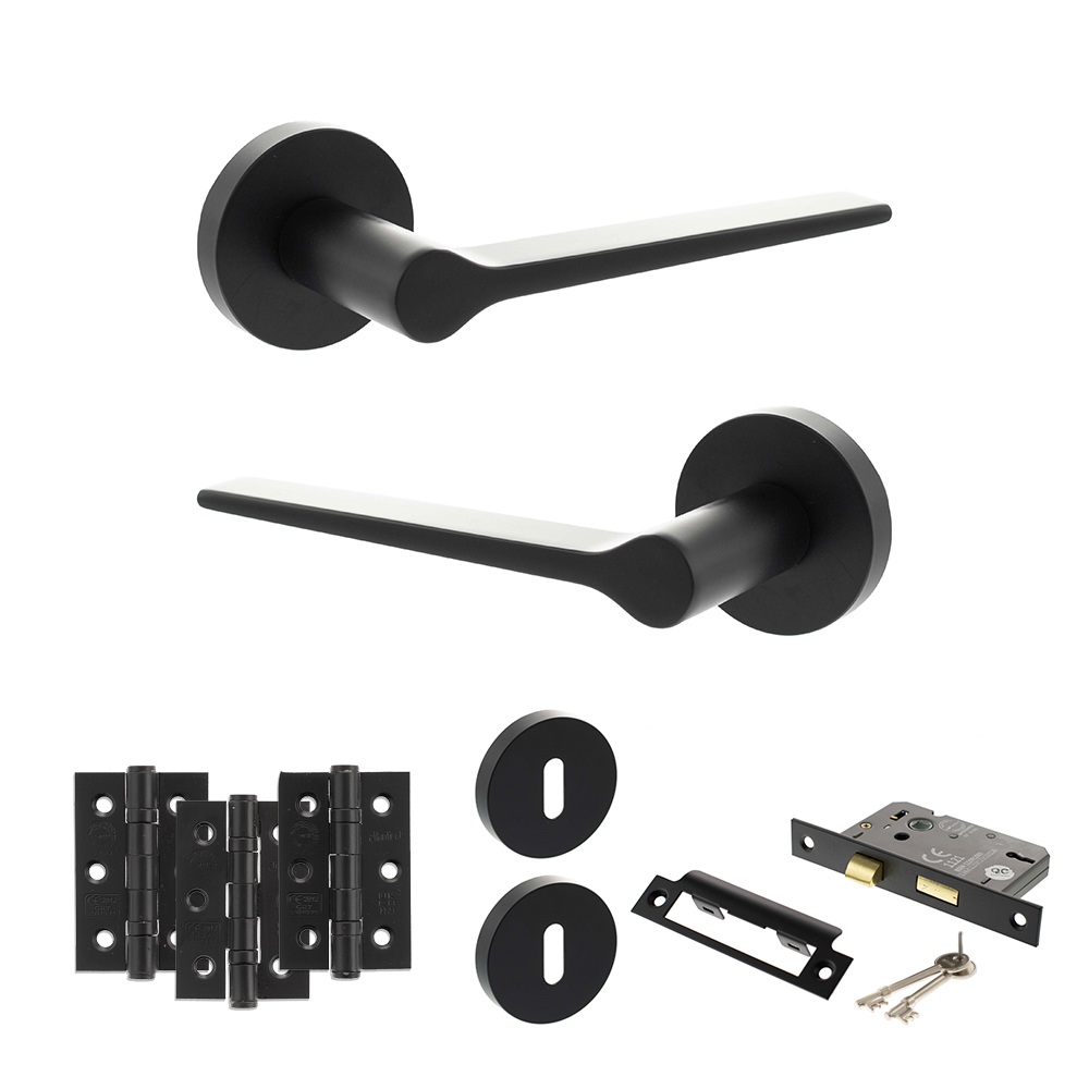 Senza Pari Laviano Door Handle Pack (3 Lever Lock Set - 2.5" CE Sashlock, 3" Fire Rated Hinges x3) - Matt Black