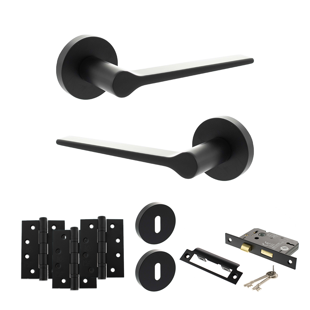 Senza Pari Laviano Door Handle Pack (3 Lever Lock Set - 3" CE Sashlock, 4" Fire Rated Hinges x3) - Matt Black