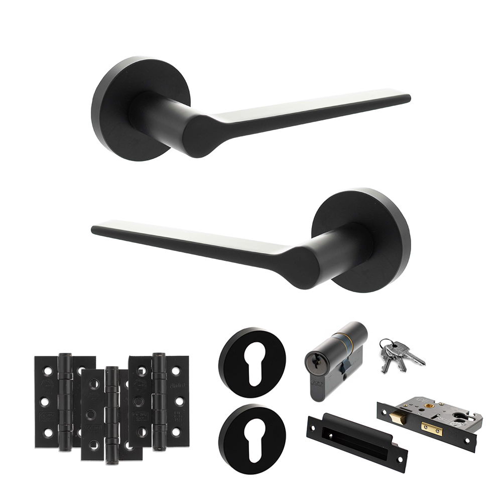 Senza Pari Laviano Door Handle Pack (Euro Lock Set - 3" CE Sashlock, 3" Fire Rated Hinges x3) - Matt Black