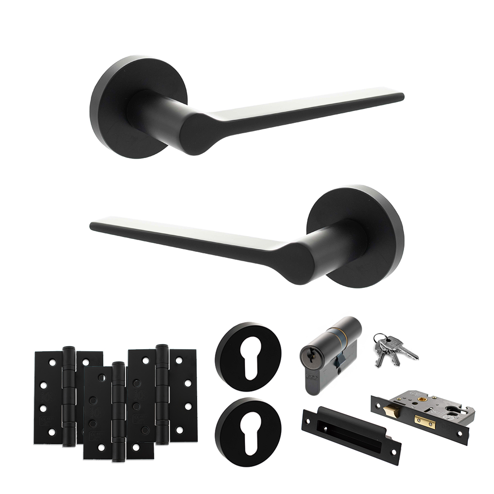 Senza Pari Laviano Door Handle Pack (Euro Lock Set - 3" CE Sashlock, 4" Fire Rated Hinges x3) - Matt Black