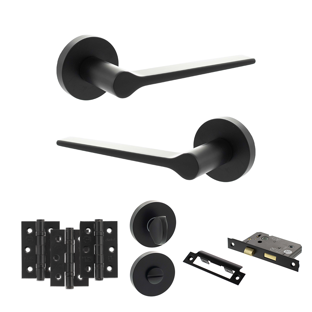 Senza Pari Laviano Door Handle Pack (Bathroom Set - 3" CE Bathroom Lock, 3" Fire Rated Hinges x3) - Matt Black