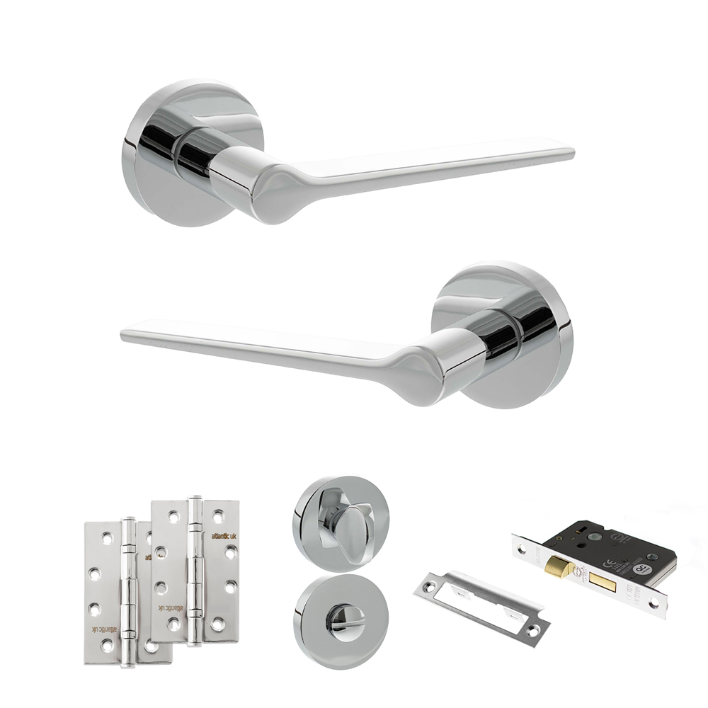 Senza Pari Laviano Door Handle Pack (Bathroom Set - 3" CE Bathroom Lock, 4" Slim Knuckle Hinges x2) - Polished Chrome