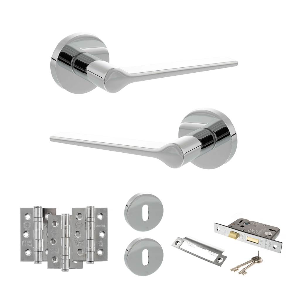 Senza Pari Laviano Door Handle Pack (3 Lever Lock Set - 2.5" CE Sashlock, 3" Fire Rated Hinges x3) - Polished Chrome