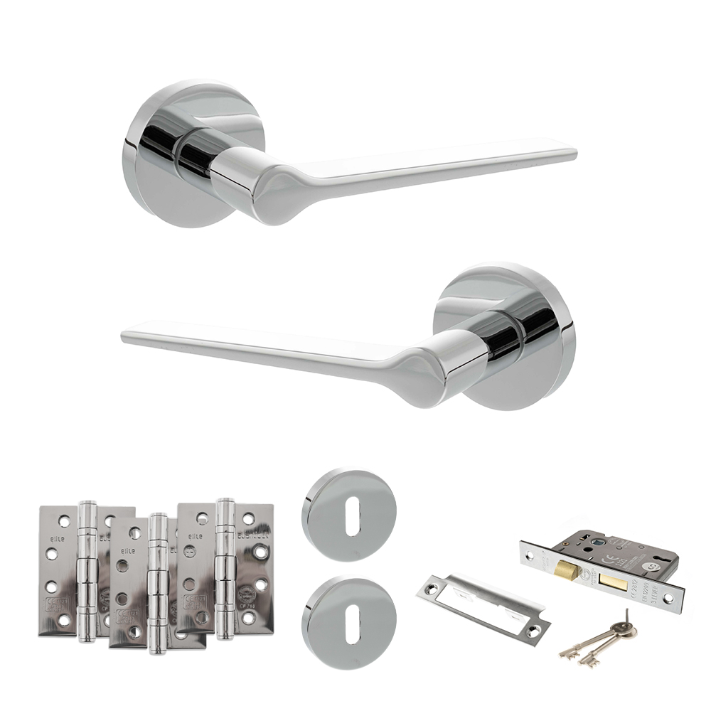 Senza Pari Laviano Door Handle Pack (3 Lever Lock Set - 3" CE Sashlock, 4" Fire Rated Hinges x3) - Polished Chrome
