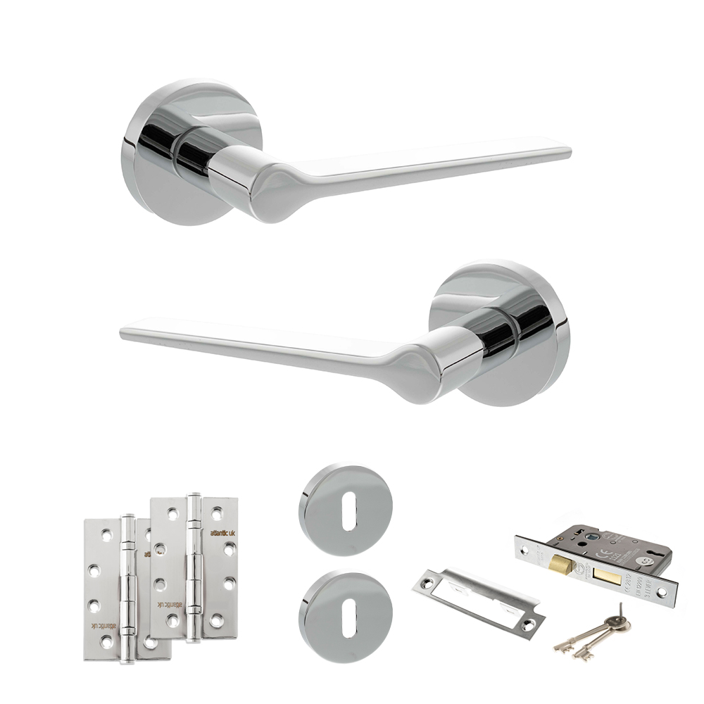 Senza Pari Laviano Door Handle Pack (3 Lever Lock Set - 3" CE Sashlock, 4" Slim Knuckle Hinges x2) - Polished Chrome