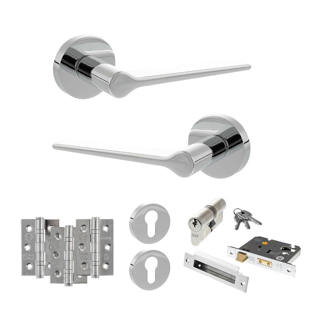 Senza Pari Laviano Door Handle Pack (Euro Lock Set - 3" CE Sashlock, 3" Fire Rated Hinges x3) - Polished Chrome
