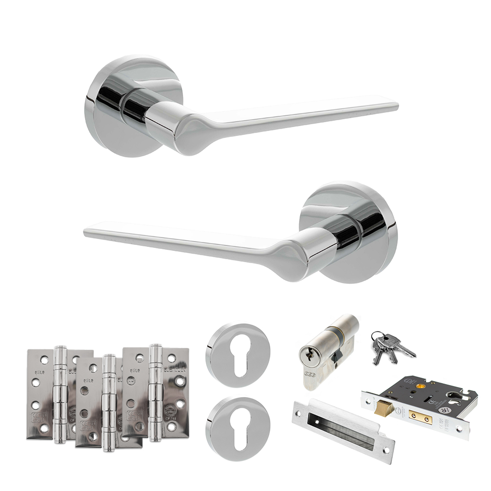 Senza Pari Laviano Door Handle Pack (Euro Lock Set - 2.5" CE Sashlock, 4" Fire Rated Hinges x3) - Polished Chrome