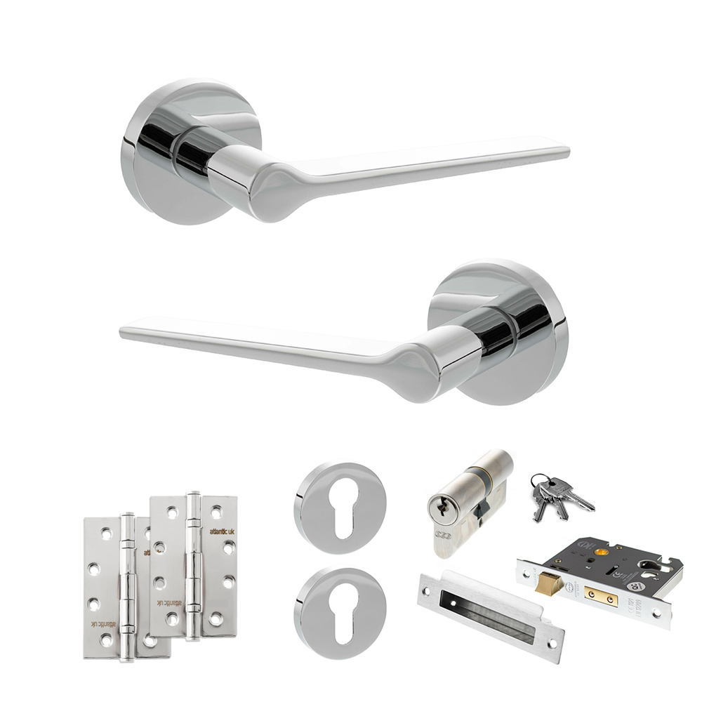 Senza Pari Laviano Door Handle Pack (Euro Lock Set - 3" CE Sashlock, 4" Slim Knuckle Hinges x2) - Polished Chrome