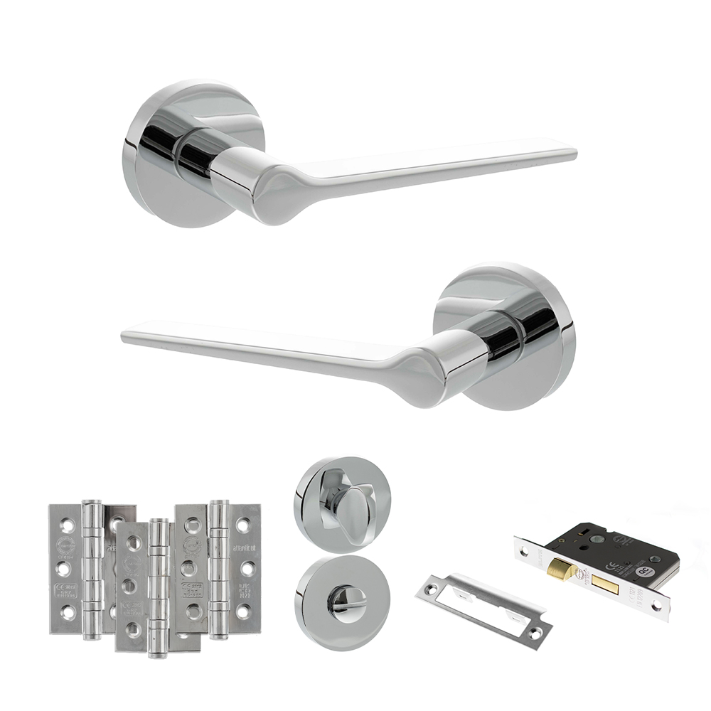 Senza Pari Laviano Door Handle Pack (Bathroom Set - 3" CE Bathroom Lock, 3" Fire Rated Hinges x3) - Polished Chrome