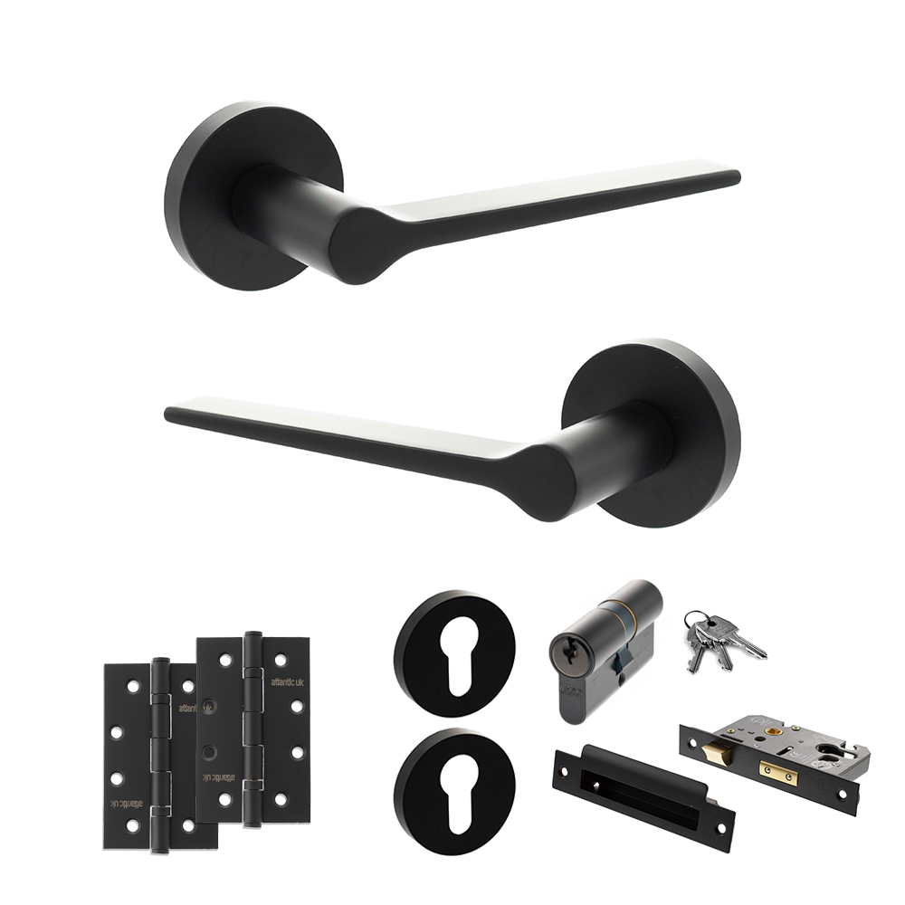 Senza Pari Laviano Door Handle Pack (Euro Lock Set - 2.5" CE Sashlock, 4" Slim Knuckle Hinges x2) - Matt Black