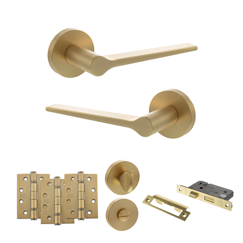 Senza Pari Laviano Door Handle Pack (Bathroom Set - 2.5" CE Bathroom Lock, 4" Fire Rated Hinges x3) - Satin Brass