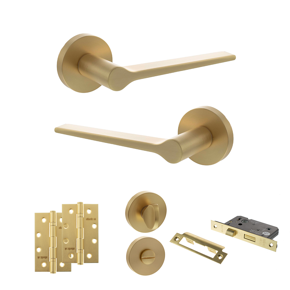 Senza Pari Laviano Door Handle Pack (Bathroom Set - 3" CE Bathroom Lock, 4" Slim Knuckle Hinges x2) - Satin Brass