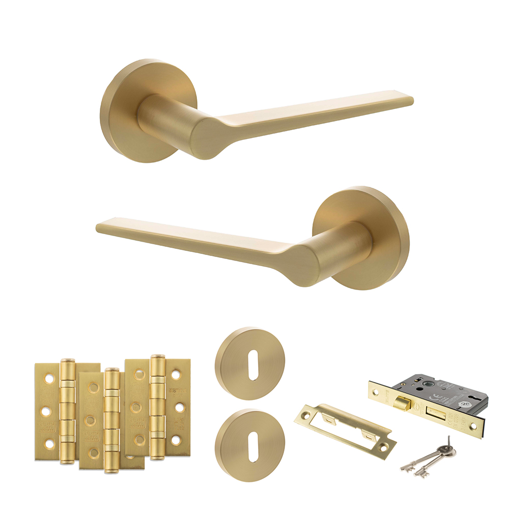 Senza Pari Laviano Door Handle Pack (3 Lever Lock Set - 2.5" CE Sashlock, 3" Fire Rated Hinges x3) - Satin Brass