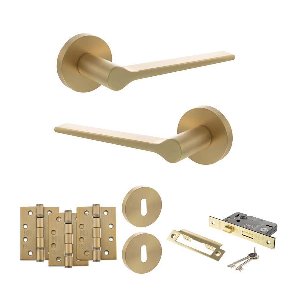 Senza Pari Laviano Door Handle Pack (3 Lever Lock Set - 2.5" CE Sashlock, 4" Fire Rated Hinges x3) - Satin Brass