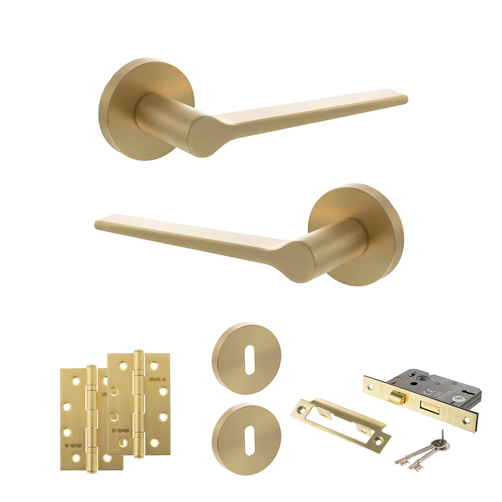 Senza Pari Laviano Door Handle Pack (3 Lever Lock Set - 2.5" CE Sashlock, 4" Slim Knuckle Hinges x2) - Satin Brass