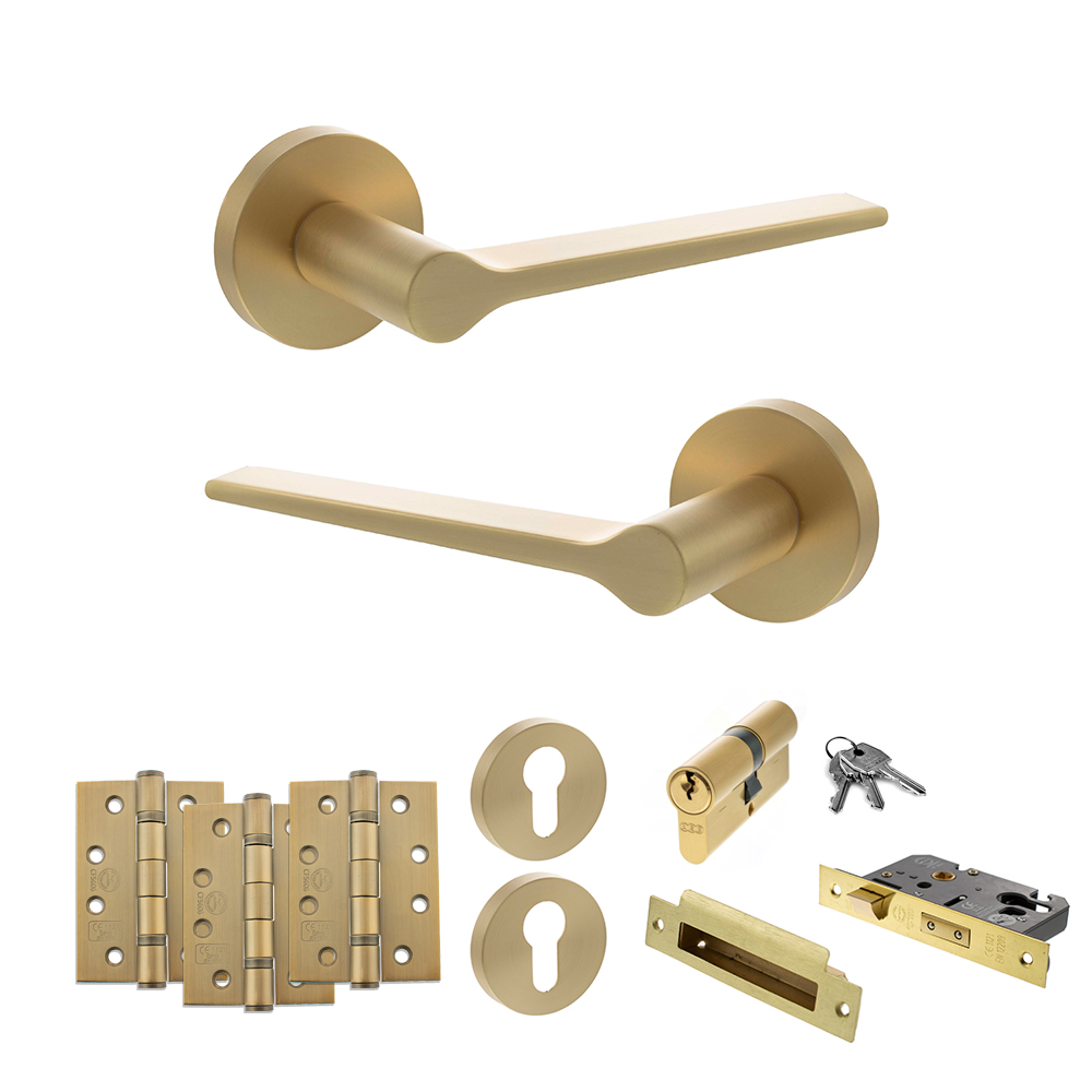 Senza Pari Laviano Door Handle Pack (Euro Lock Set - 3" CE Sashlock, 4" Fire Rated Hinges x3) - Satin Brass