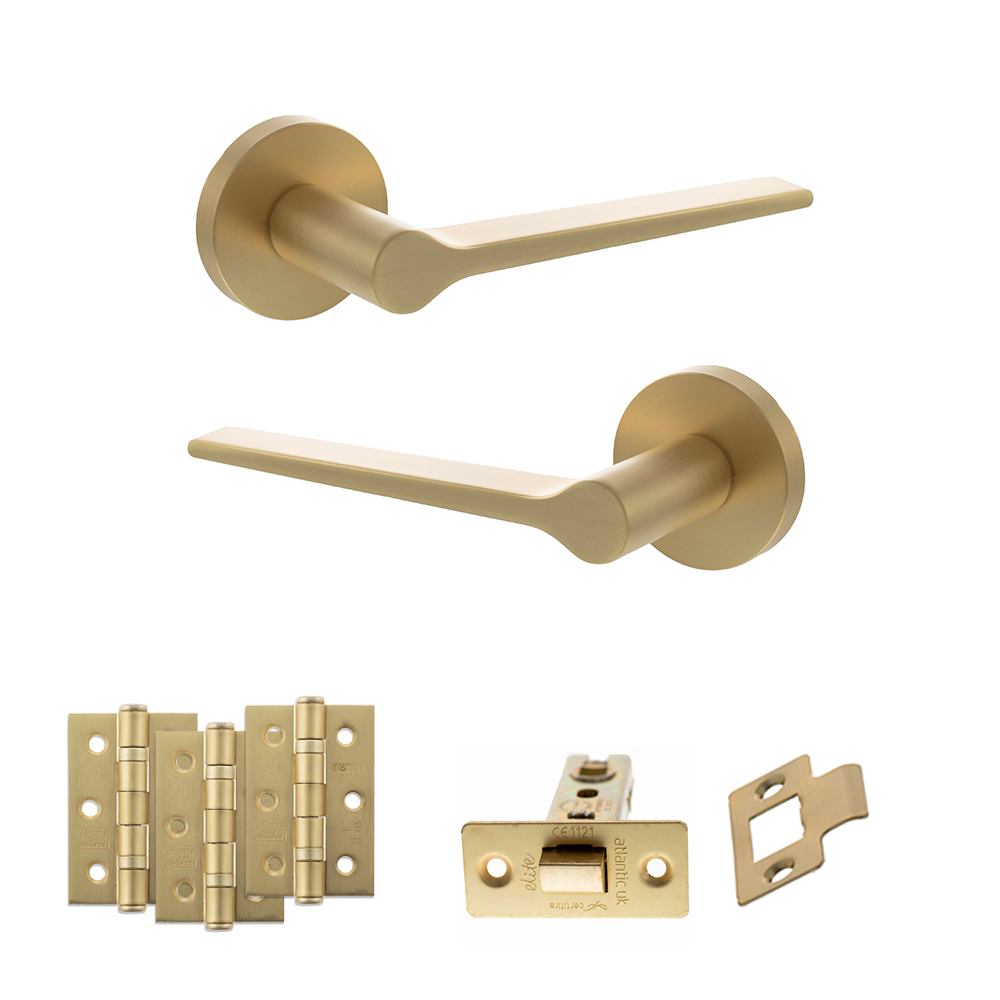 Senza Pari Laviano Door Handle Pack (Latch Set - 3" CE Latch, 3" Fire Rated Hinges x3) - Satin Brass