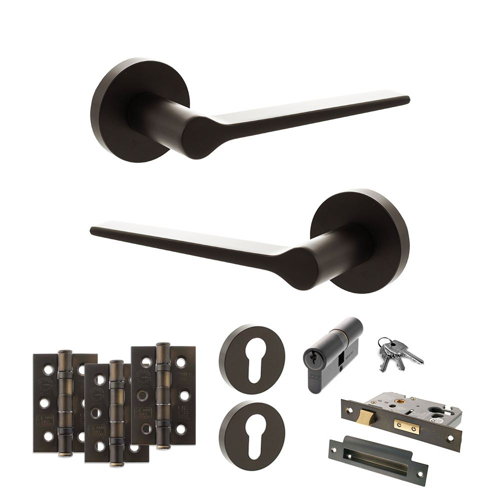 Senza Pari Laviano Door Handle Pack (Euro Lock Set - 2.5" CE Sashlock, 3" Fire Rated Hinges x3) - Urban Dark Bronze