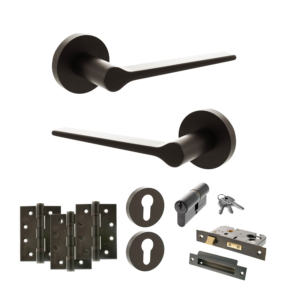 Senza Pari Laviano Door Handle Pack (Euro Lock Set - 3" CE Sashlock, 4" Fire Rated Hinges x3) - Urban Dark Bronze