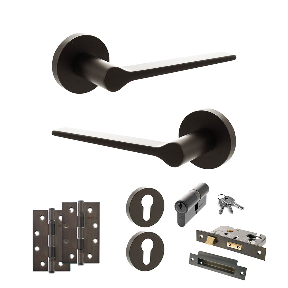 Senza Pari Laviano Door Handle Pack (Euro Lock Set - 3" CE Sashlock, 4" Slim Knuckle Hinges x2) - Urban Dark Bronze