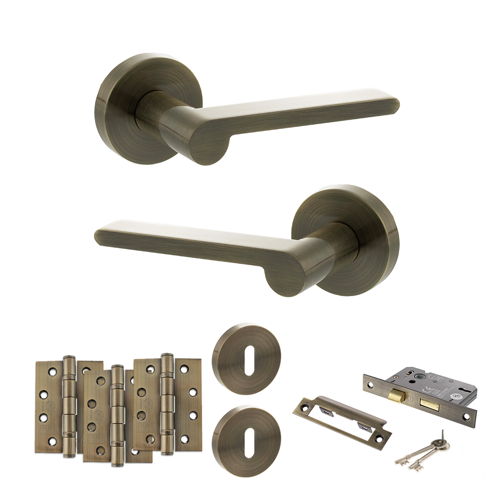 Senza Pari Darrio Door Handle Pack (3 Lever Lock Set - 2.5" CE Sashlock, 4" Fire Rated Hinges x3) - Antique Brass