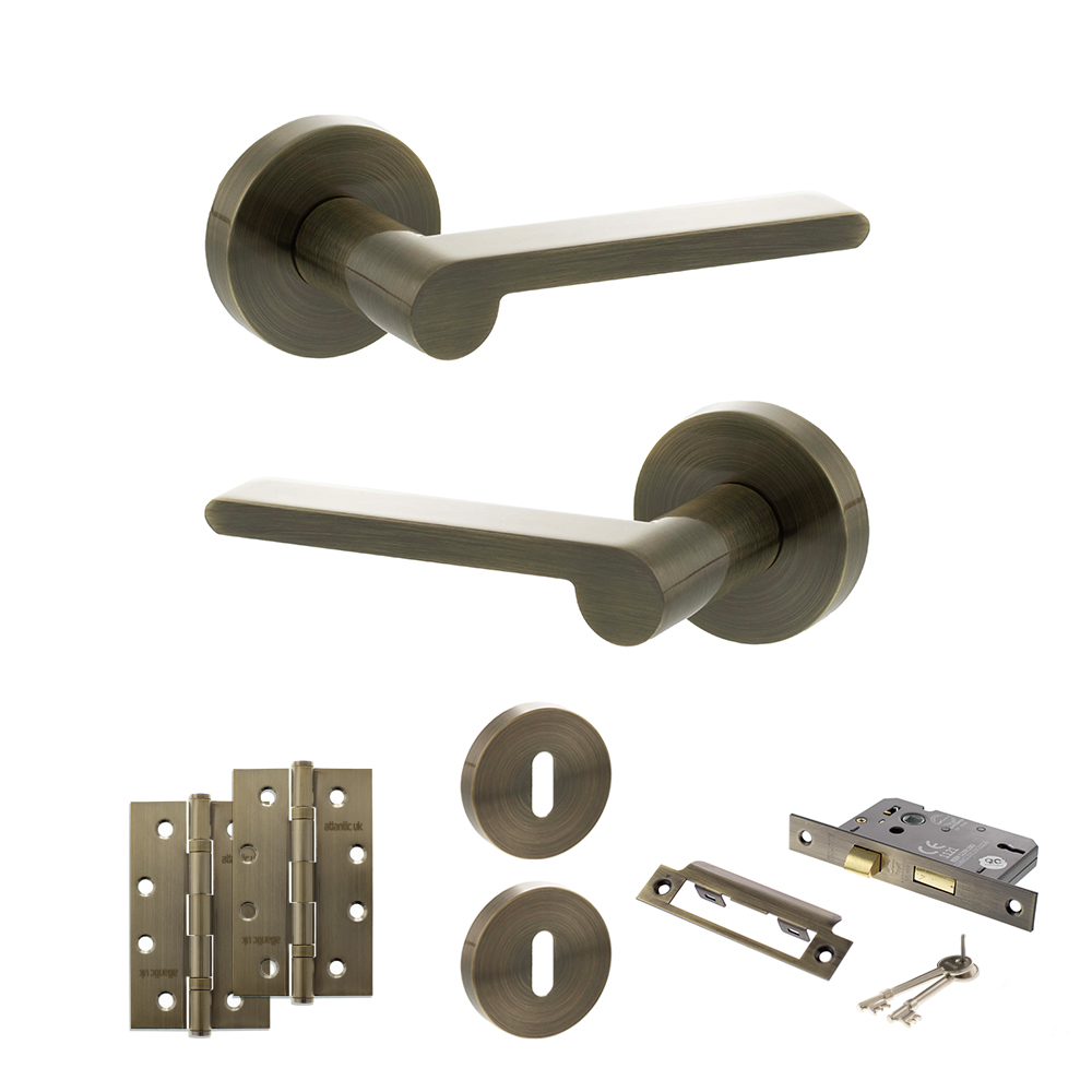 Senza Pari Darrio Door Handle Pack (3 Lever Lock Set - 3" CE Sashlock, 4" Slim Knuckle Hinges x2) - Antique Brass