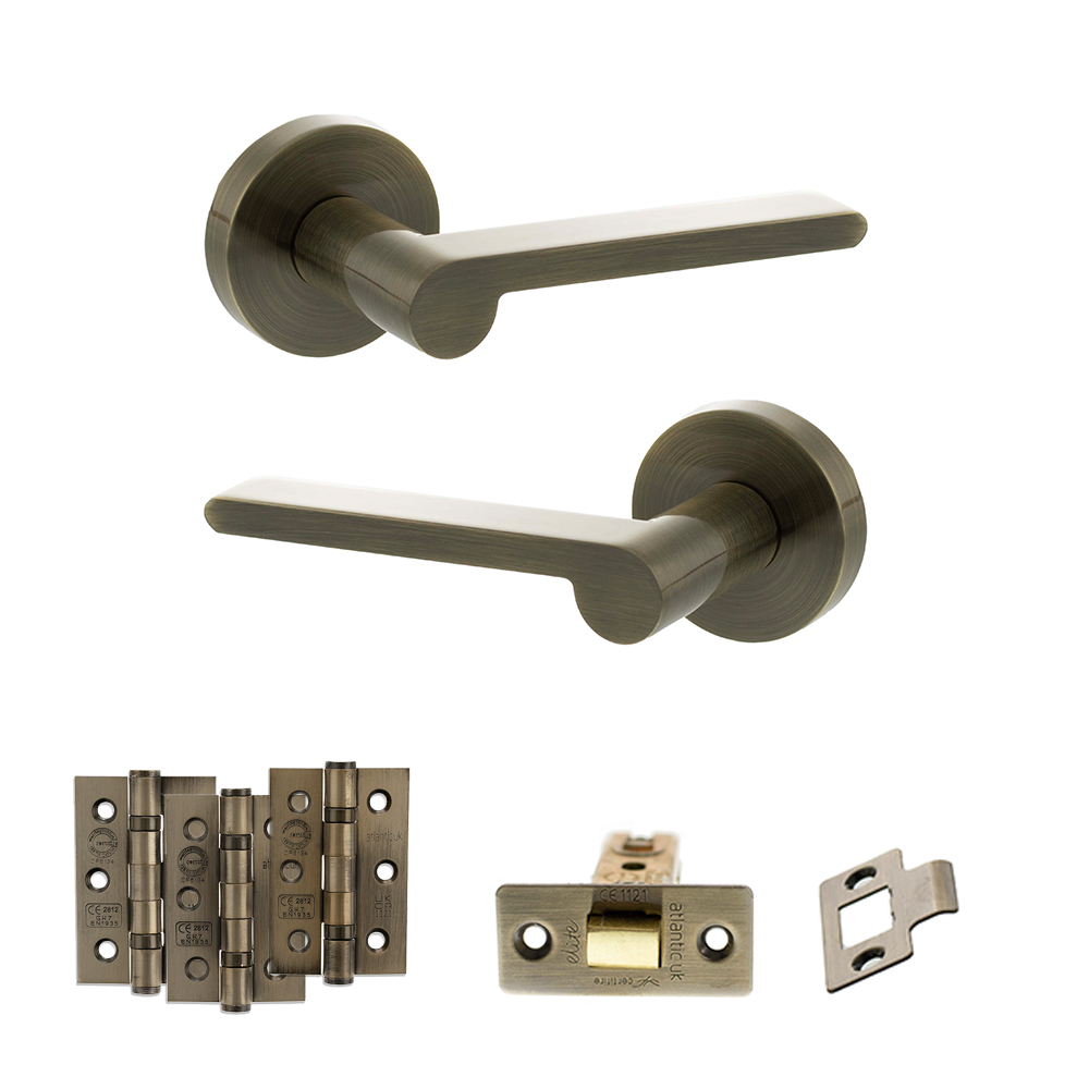 Senza Pari Darrio Door Handle Pack (Latch Set - 2.5" CE Latch, 3" Fire Rated Hinges x3) - Antique Brass
