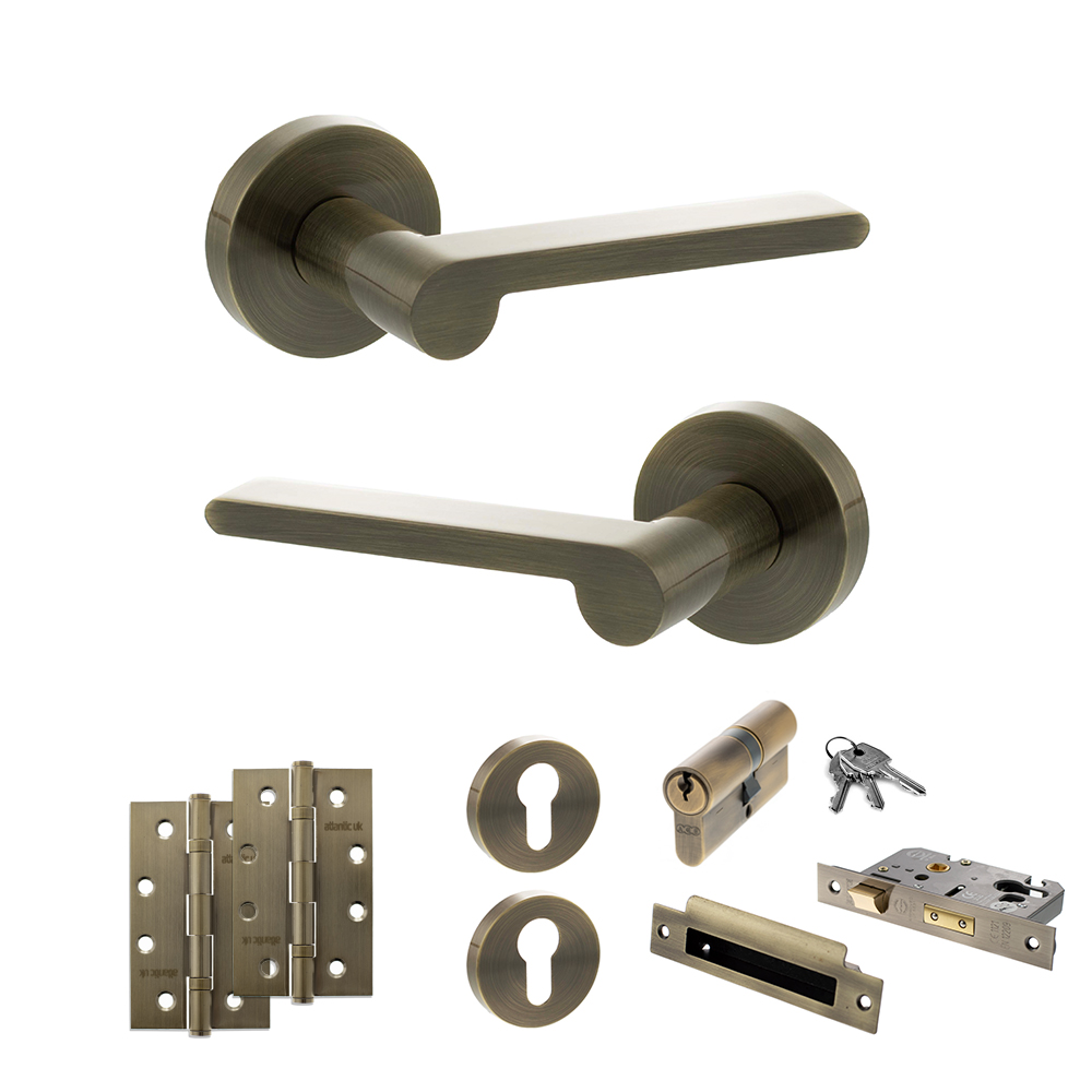 Senza Pari Darrio Door Handle Pack (Euro Lock Set - 3" CE Sashlock, 4" Slim Knuckle Hinges x2) - Antique Brass