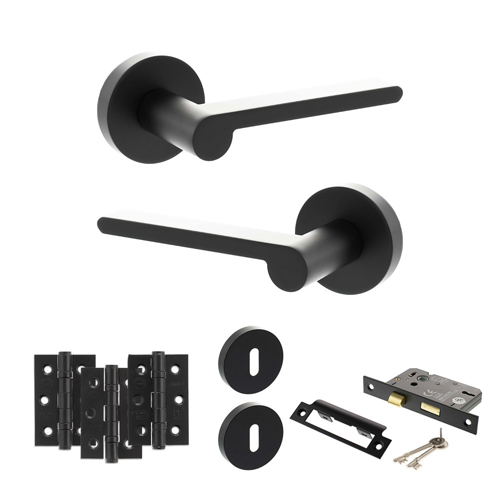 Senza Pari Darrio Door Handle Pack (3 Lever Lock Set - 3" CE Sashlock, 3" Fire Rated Hinges x3) - Matt Black