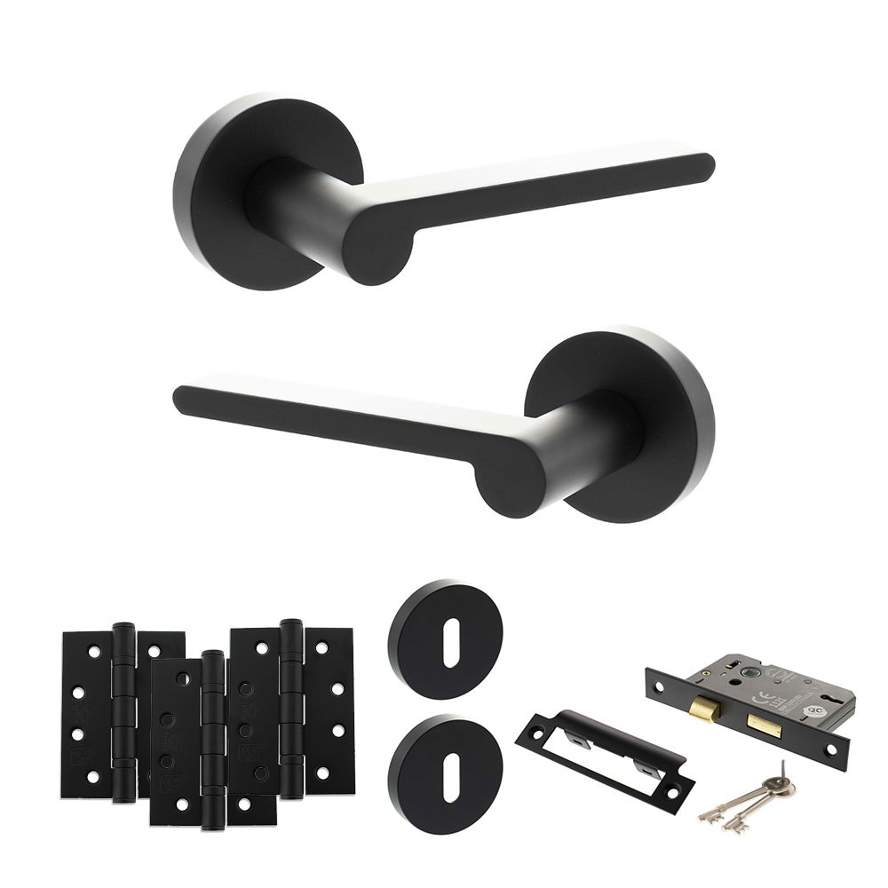 Senza Pari Darrio Door Handle Pack (3 Lever Lock Set - 2.5" CE Sashlock, 4" Fire Rated Hinges x3) - Matt Black