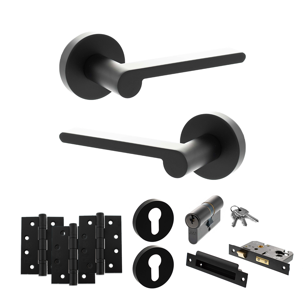 Senza Pari Darrio Door Handle Pack (Euro Lock Set - 3" CE Sashlock, 4" Fire Rated Hinges x3) - Matt Black