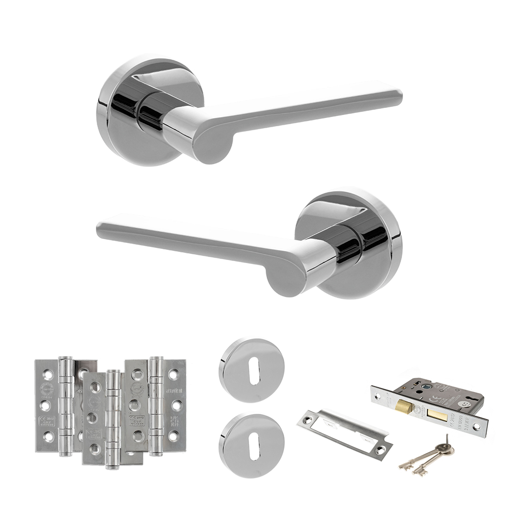 Senza Pari Darrio Door Handle Pack (3 Lever Lock Set - 2.5" CE Sashlock, 3" Fire Rated Hinges x3) - Polished Chrome