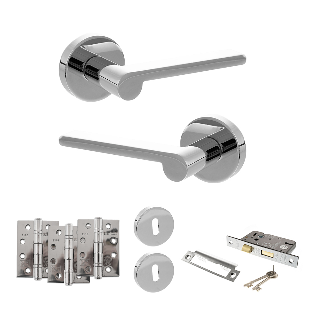 Senza Pari Darrio Door Handle Pack (3 Lever Lock Set - 3" CE Sashlock, 4" Fire Rated Hinges x3) - Polished Chrome