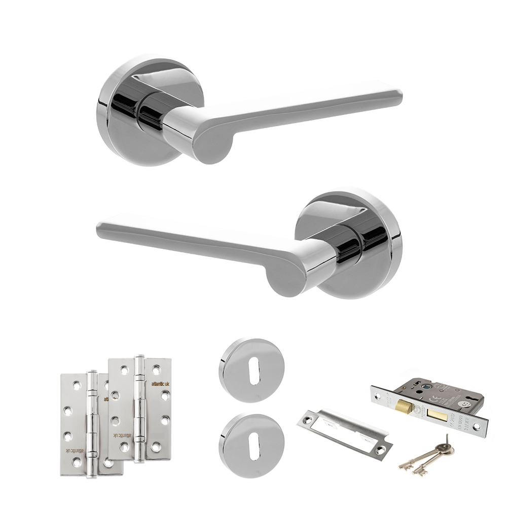 Senza Pari Darrio Door Handle Pack (3 Lever Lock Set - 3" CE Sashlock, 4" Slim Knuckle Hinges x2) - Polished Chrome