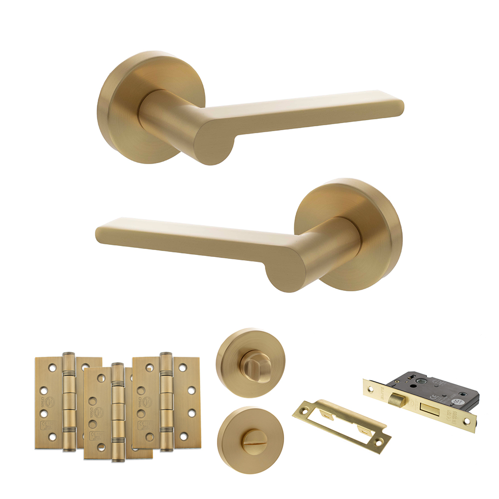 Senza Pari Darrio Door Handle Pack (Bathroom Set - 3" CE Bathroom Lock, 4" Fire Rated Hinges x3) - Satin Brass