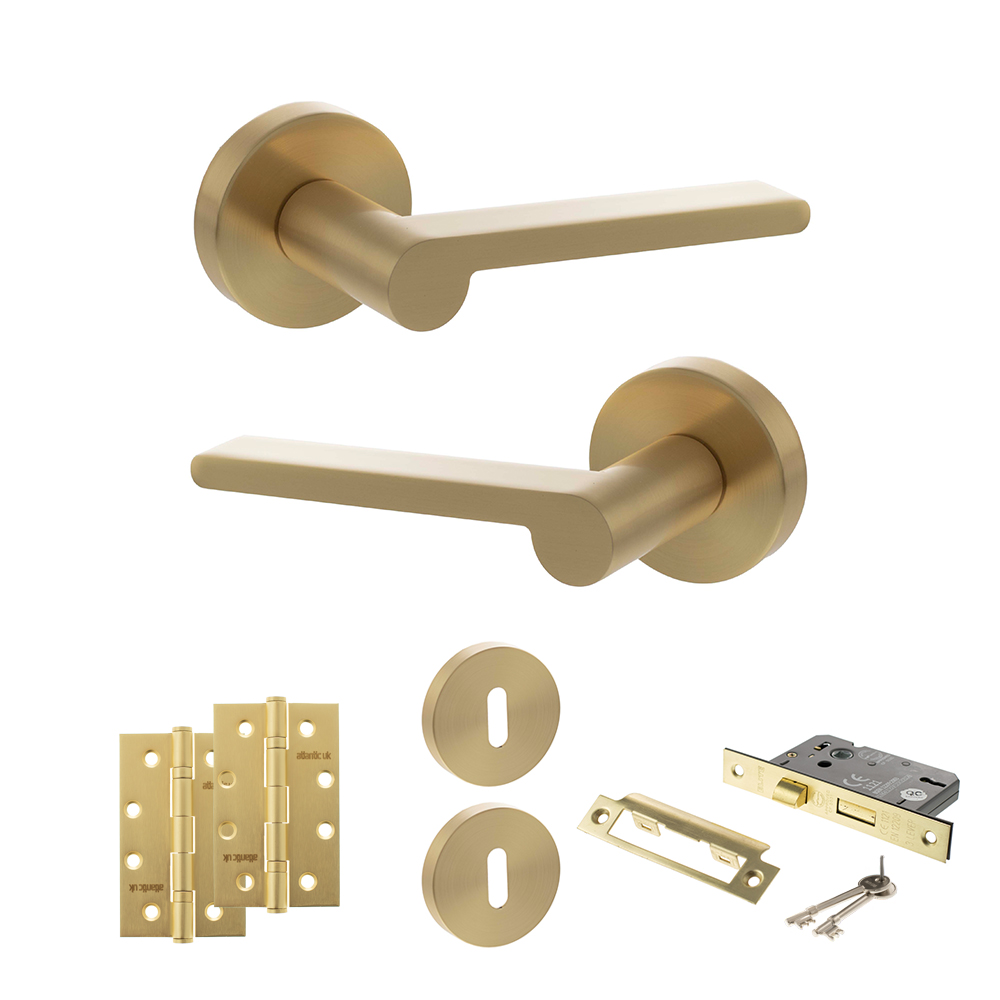 Senza Pari Darrio Door Handle Pack (3 Lever Lock Set - 2.5" CE Sashlock, 4" Slim Knuckle Hinges x2) - Satin Brass