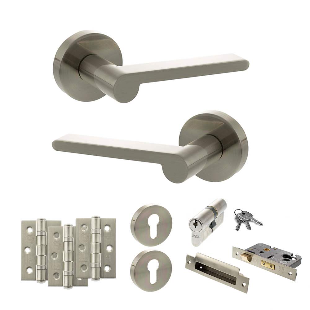 Senza Pari Darrio Door Handle Pack (Euro Lock Set - 2.5" CE Sashlock, 3" Fire Rated Hinges x3) - Satin Nickel